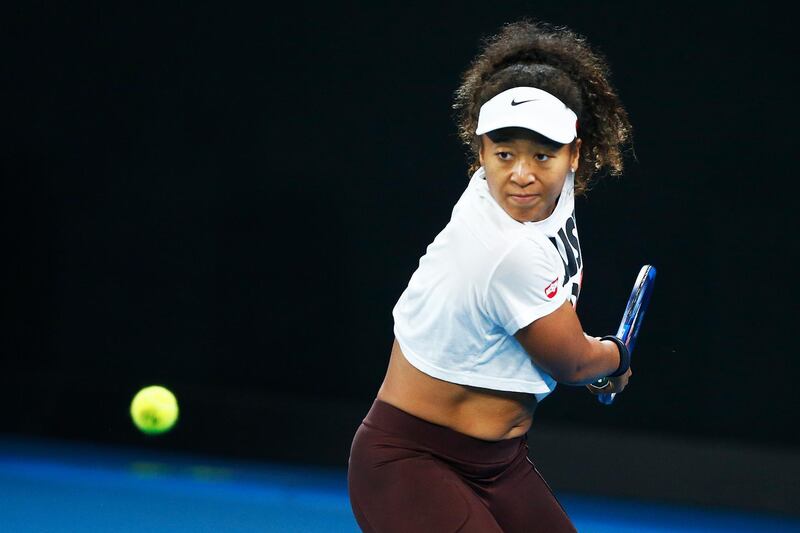 MELBOURNE, AUSTRALIA - JANUARY 16: Naomi Osaka of Japan practices ahead of the 2020 Australian Open at Melbourne Park on January 16, 2020 in Melbourne, Australia. (Photo by Daniel Pockett/Getty Images)