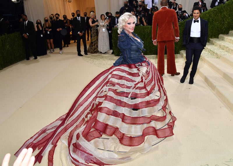 Debbie Harry in a red, white and blue Zac Posen creation at the 2021 Met Gala. AFP