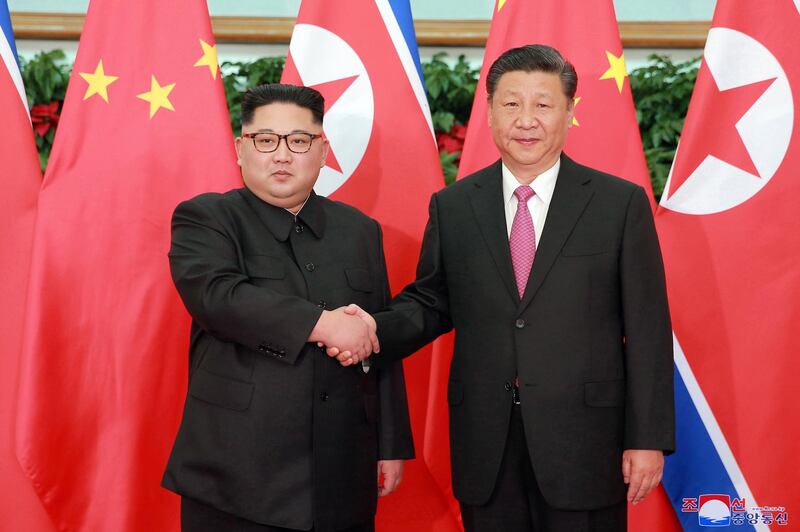 epa07659349 (FILE) - A photo released by the official North Korean Central News Agency (KCNA), the state news agency of North Korea, shows North Korean leader Kim Jong-un (L) shaking hands with Chinese President Xi Jinping (R) during their meeting in Dalian, China, 08 May 2018 (reissued 20 June 2019). According reports, Chinese President Xi Jinping arrived in Pyeongyang on 20 June for a two-day visit to meet with North Korean leader Kim Jong-un.  EPA/KCNA   EDITORIAL USE ONLY  EDITORIAL USE ONLY