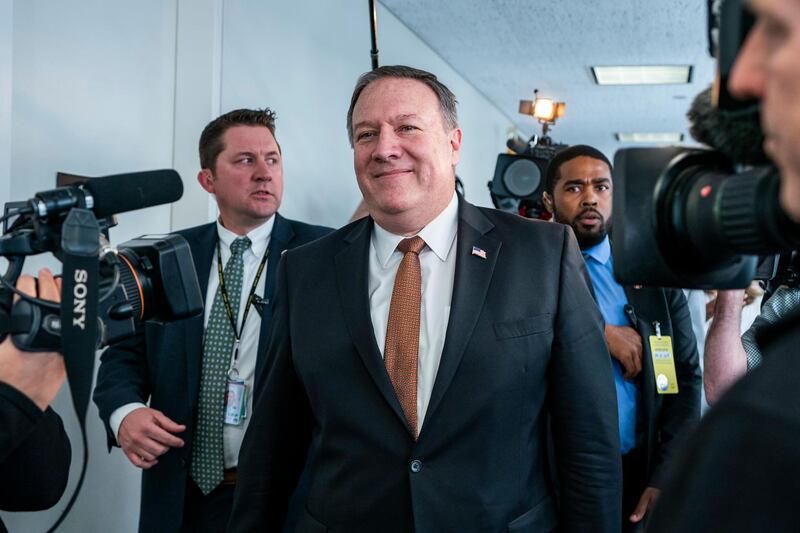 epa06677790 CIA Director Mike Pompeo leaves a meeting with Democratic Senator from Virginia Mark Warner (out of frame) in the Hart Senate Office Building in Washington DC, USA, 18 April 2018. Two weeks ago, Pompeo met secretly with North Korean leader Kim Jong Un in North Korea.  EPA/JIM LO SCALZO