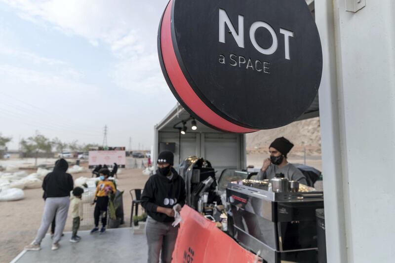 SHARJAH, UNITED ARAB EMIRATES. 21 FEBRUARY 2021. Not A Space is a cool new pop-up location in the Al Faya Desert of Sharjah where people can go to enjoy a coffee and a bite to eat. (Photo: Antonie Robertson/The National) Journalist: Hayley Skirka. Section: National.