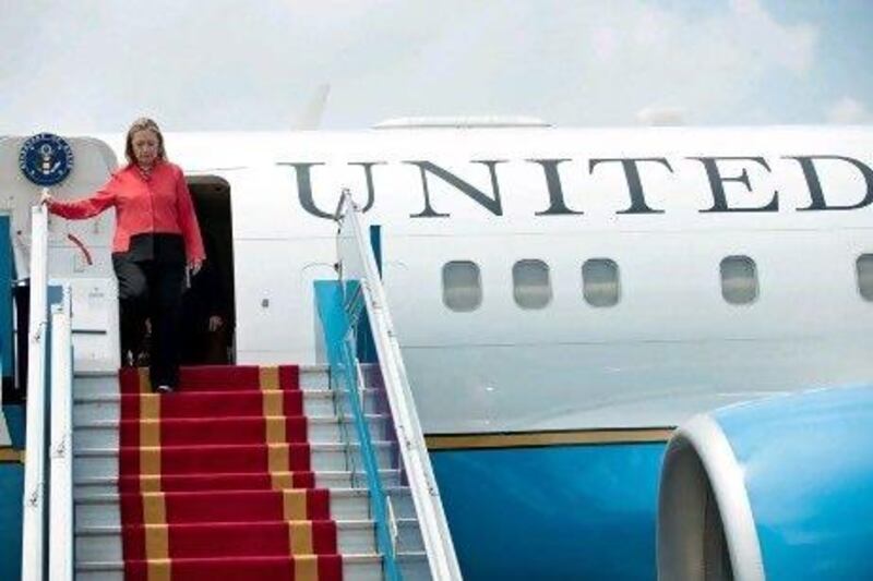 US secretary of state Hillary Clinton arrives at Noi Bai International Airport in Hanoi as part of a France-Afghanistan-Japan-Mongolia-Vietnam-Laos-Cambodia-Egypt-Israel itinerary, described by a staffer as “especially absurd, even for us”.