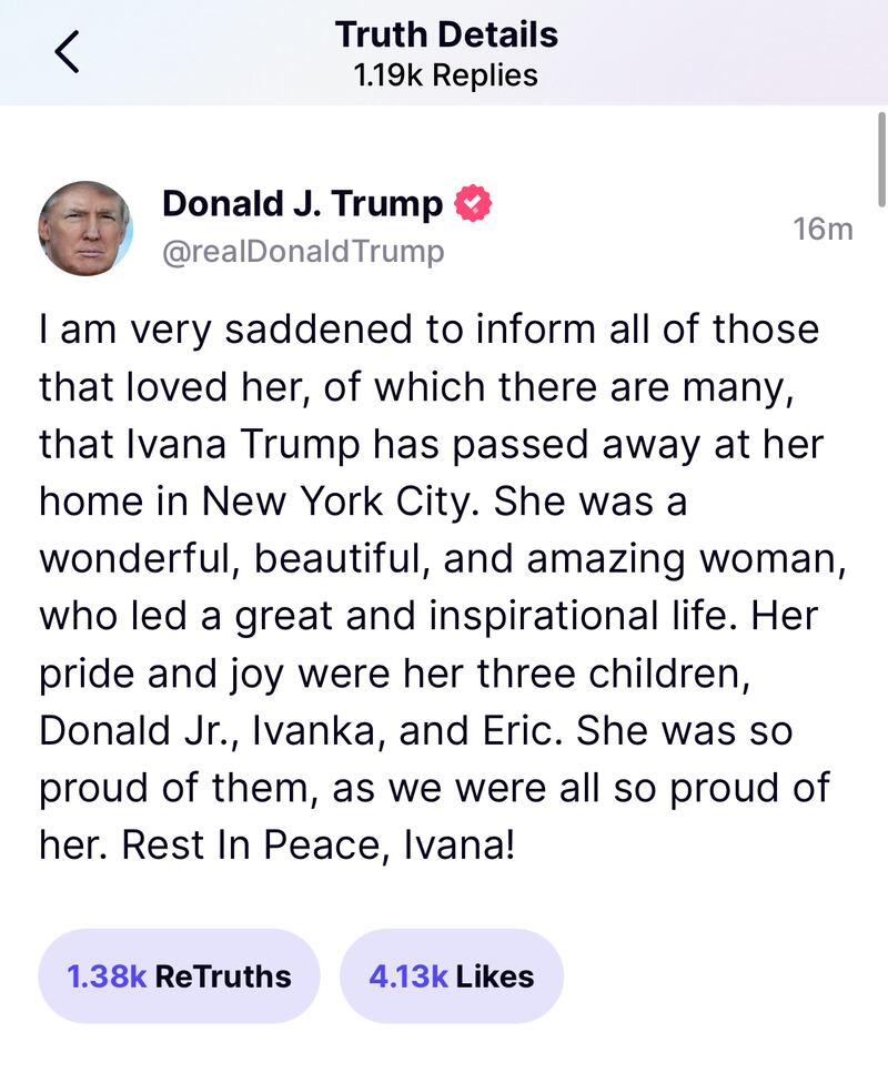Former US president Donald Trump announces the death of his former wife, Ivana. Screengrab / Truth Social
