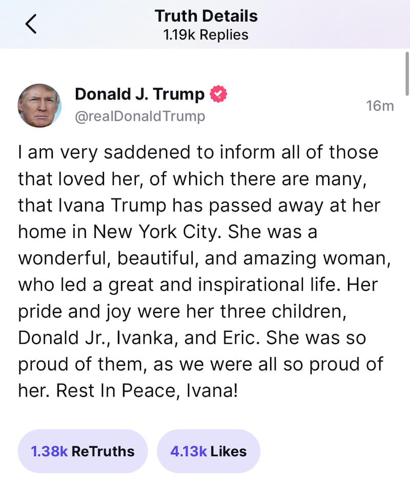 Former US president Donald Trump announces the death of his former wife, Ivana. Screengrab / Truth Social