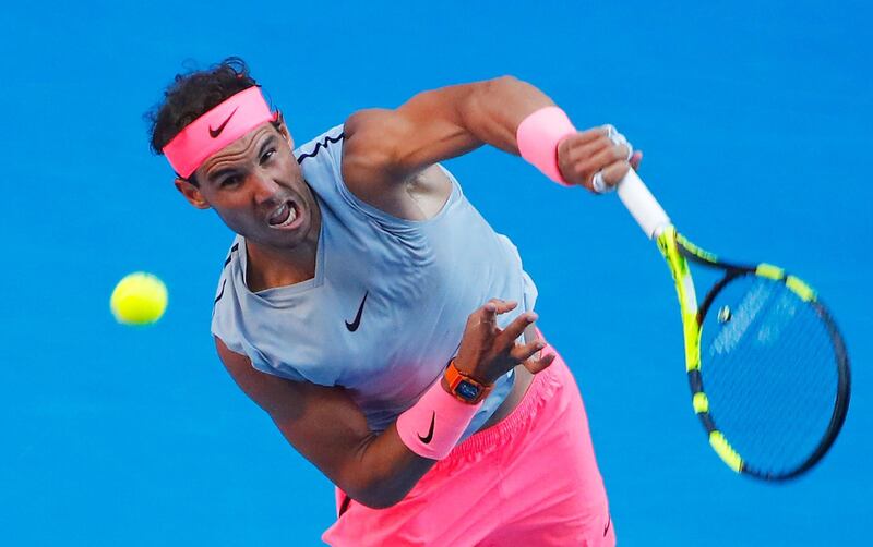 MELBOURNE, AUSTRALIA - JANUARY 17:  Rafael Nadal of Spain serves in his second round match against Leonardo Mayer of Argentina on day three of the 2018 Australian Open at Melbourne Park on January 17, 2018 in Melbourne, Australia.  (Photo by Scott Barbour/Getty Images)