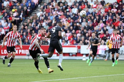 Gabriel Jesus heads home Arsenal's second goal against Brentford. Getty