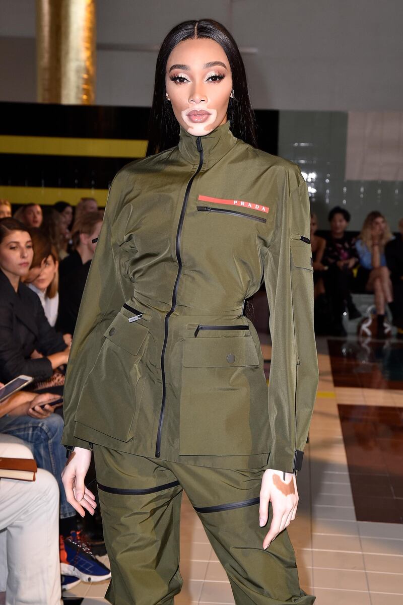 MILAN, ITALY - SEPTEMBER 18: Winnie Harlow attend Prada Spring/Summer 2020 Womenswear Fashion Show on September 18, 2019 in Milan, Italy. (Photo by Pietro D'Aprano/Getty Images for Prada)