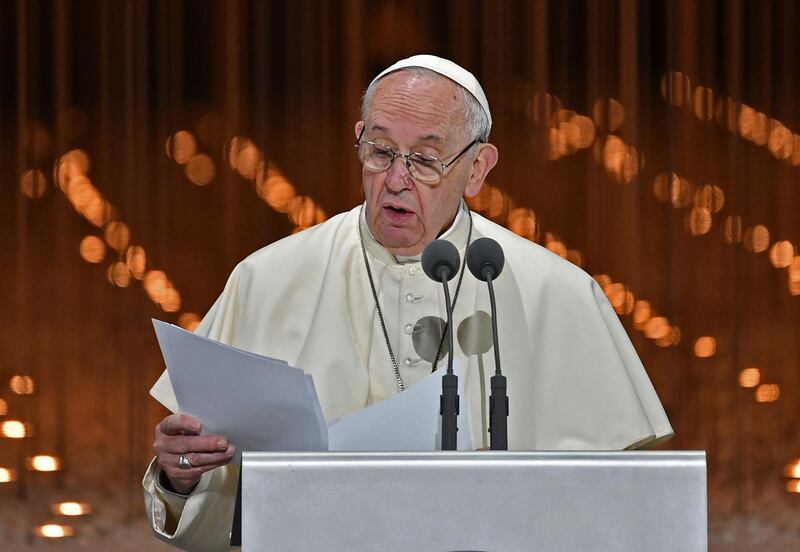 Pope Francis delivers a speech during the Founder's Memorial event. AFP