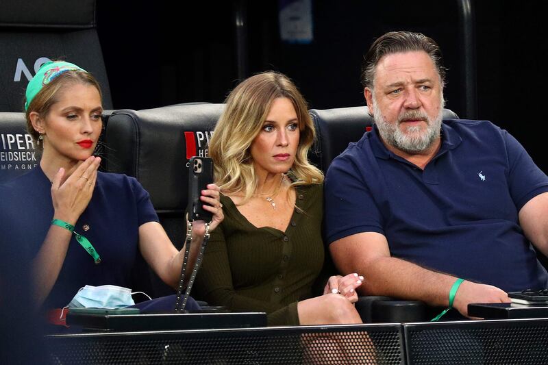 Russell Crowe watches the women’s singles final in Melbourne on Saturday, which was won by home favourite Ashleigh Barty. AFP