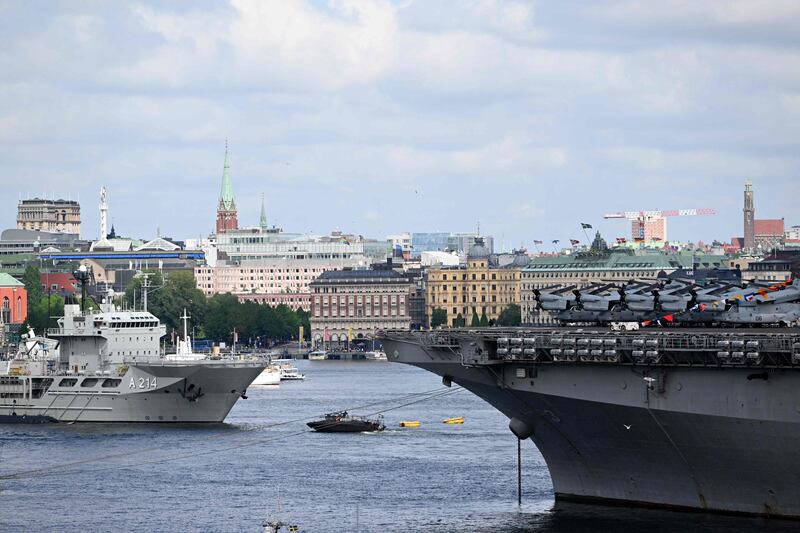 Navy ships in Stockholm where EU diplomats will thrash out wartime issues. AFP