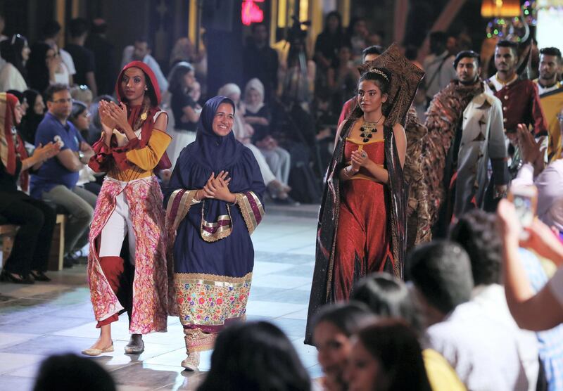 Dubai, United Arab Emirates - June 20, 2019: Designs by student designer Lamya Divasali (M), the collection takes inspiration from Sands of Time. Esmod Fashion Show. Thursday the 20th of June 2019. City Walk, Dubai. Chris Whiteoak / The National