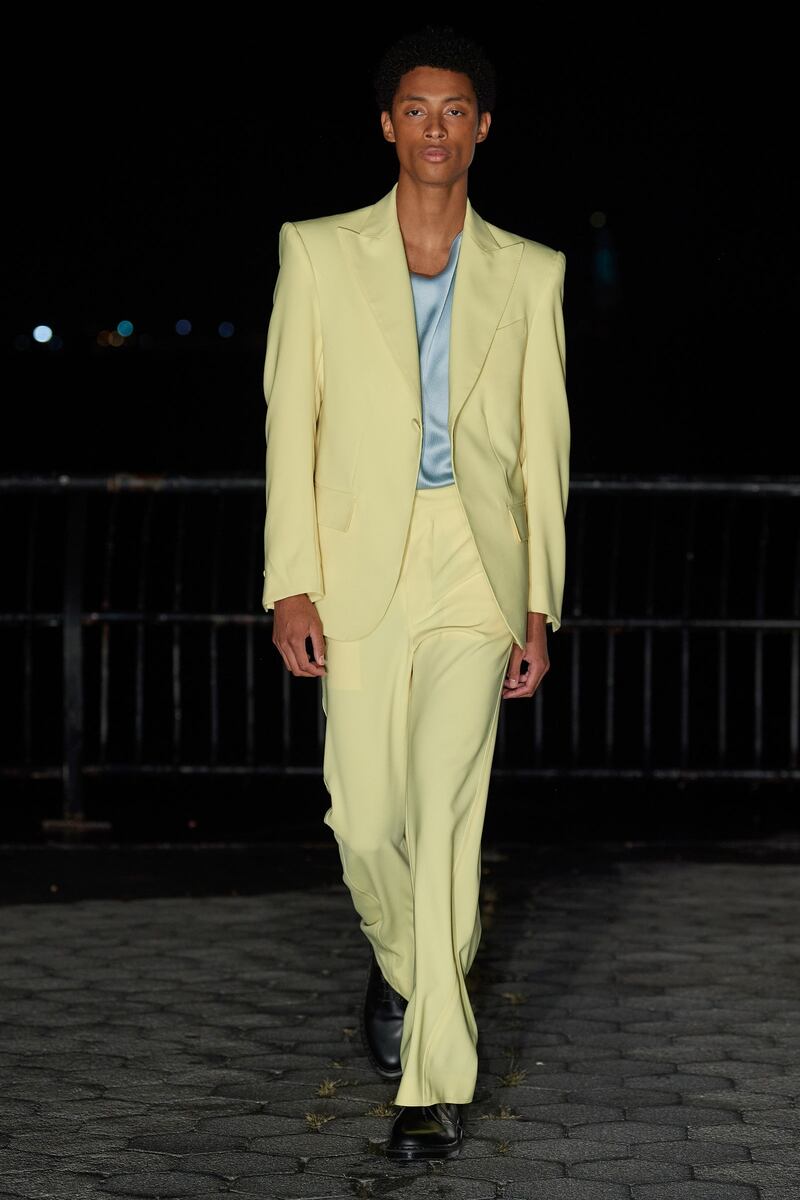 A lemon suit and sky-blue satin vest by Prabul Gurung for spring / summer 2022. Photo: Prabul Gurung