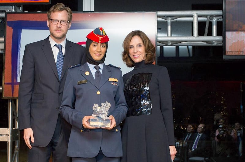 Maj Mariam Al Mansouri, pictured with Asia Society trustees Charles Rockefeller and Beth Dozoretz, was honoured at the UN in New York for ’battling stereotypes, and terror, from the air’. She was among nine who received the Asia Society’s Game Changer Award. Wam