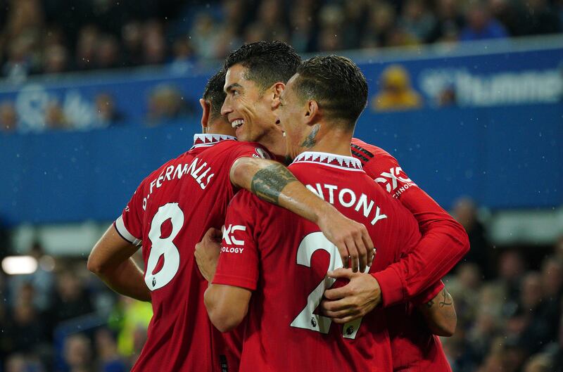 Cristiano Ronaldo celebrates putting Manchester United 2-1 ahead against  Everton for his 700th club goal at Goodison Park on October 9, 2022. PA