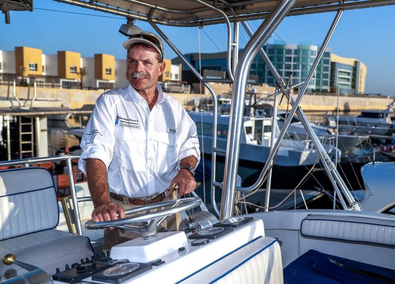 Abu Dhabi, U.A.E., November 15, 2018.  
POAN:  Captain Greg Heinricks on his boat "Reel Teezer". 
Victor Besa / The National
Section:  NA
Reporter:  John Dennehy