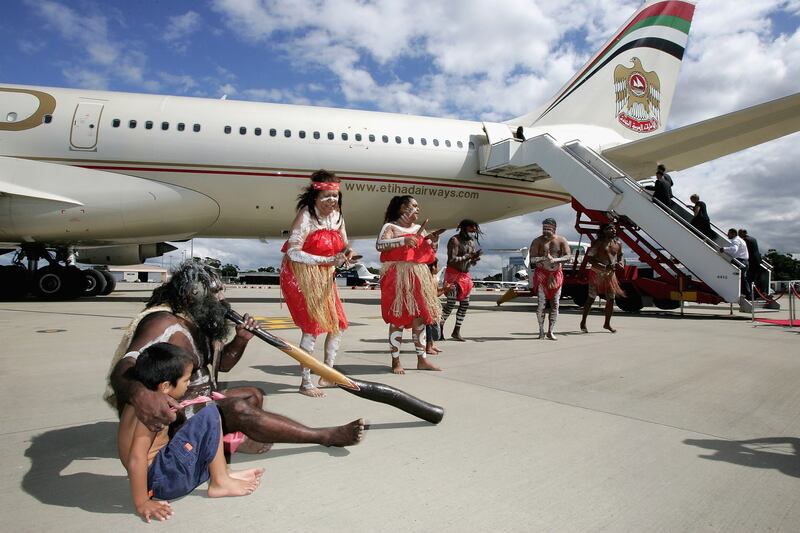 Members of the aboriginal dance group, Descendance, attend the launch of Etihad's first flight in Sydney, Australia, in March 2007. Getty Images