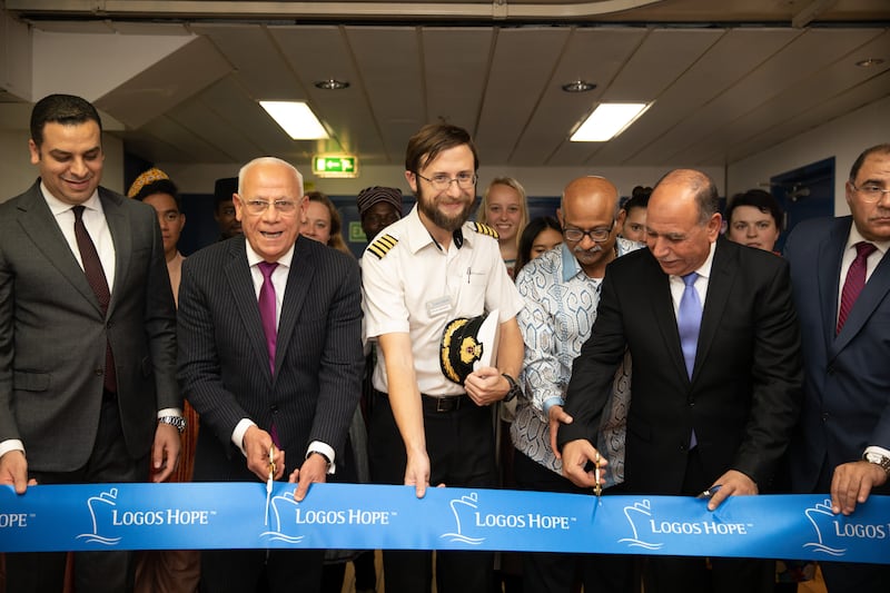 Port Said Governor Adel El Ghadban, second from left, with Logos Hope Captain James Berry during the official opening ceremony at Port Said. 