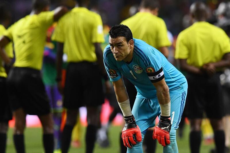 Egypt goalkeeper Essam El Hadary looks on after Egypt lost 2-1 to Cameroon. Gabriel Bouys / AFP