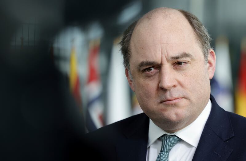 File photo: British Defence Minister Ben Wallace speaks with the media as he arrives for a meeting of Nato defence ministers at Nato headquarters in Brussels, March 16, 2022. AP