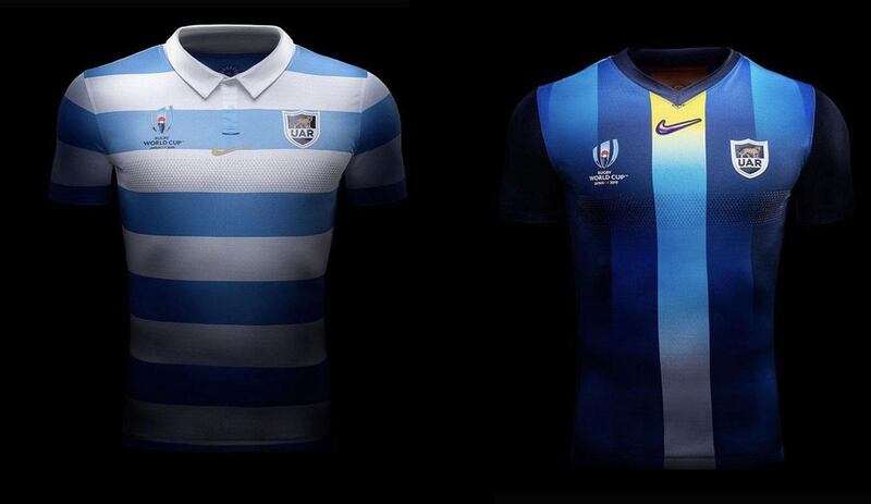 2: Argentina – Los Pumas will be turning out in their sky blue and white hooped home shirt. It's a joy, as usual. The real news here is the away kit. Those are vertical stripes. On a rugby kit. Accentuated by a dash of yellow. It's so wrong, yet so right. The South Americans have a real football-feel with these kits. Image via Twitter