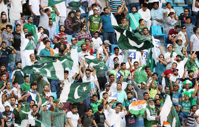 DUBAI , UNITED ARAB EMIRATES, September 19 , 2018 :- Supporters of India and Pakistan during the Asia Cup UAE 2018 cricket match between Pakistan vs India held at Dubai International Cricket Stadium in Dubai. ( Pawan Singh / The National )  For News/Sports/Instagram/Big Picture. Story by Paul 