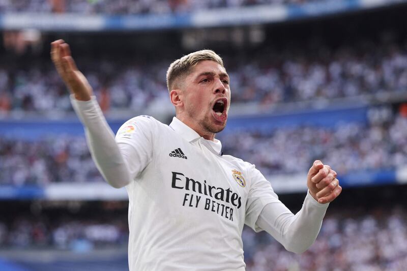 Real midfielder Federico Valverde celebrates after scoring the second goal. AFP