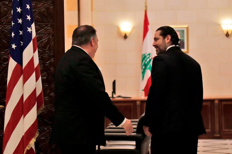 Mr Pompeo meets with Mr Hariri in Beirut. AFP