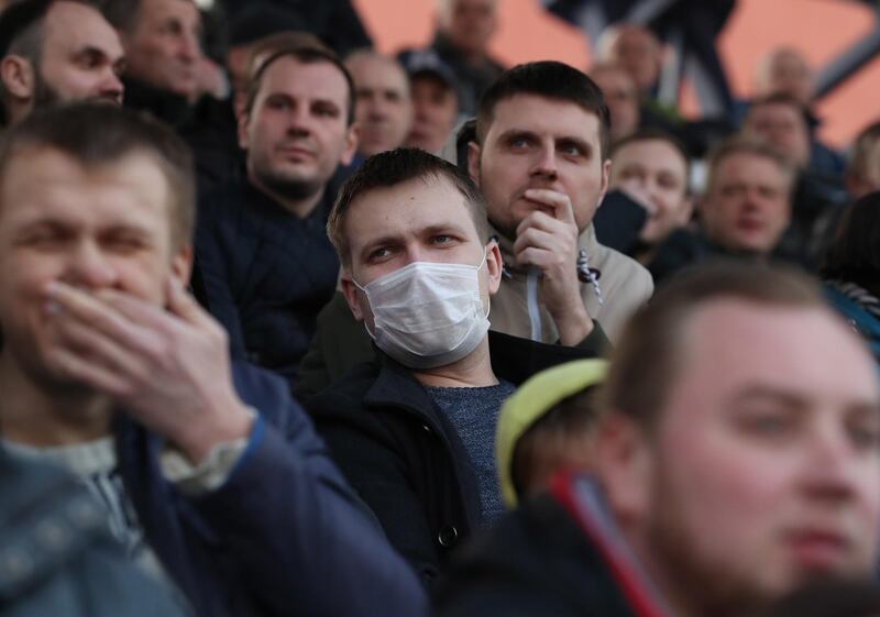 Fans watching the Belarusian Premier League match. EPA