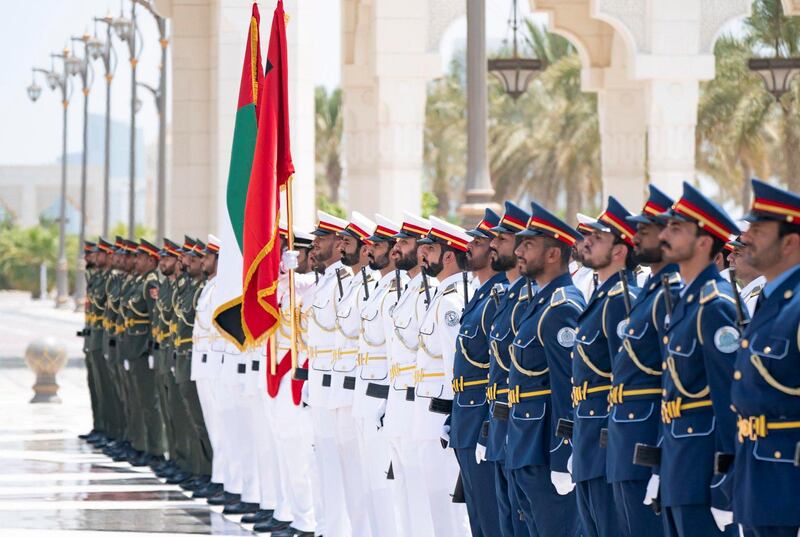 Mohamed bin Zayed receives Indian Prime Minister Narendra Modi at Qasr Al Watan, where he was accorded an official reception. From MBZ's twitter