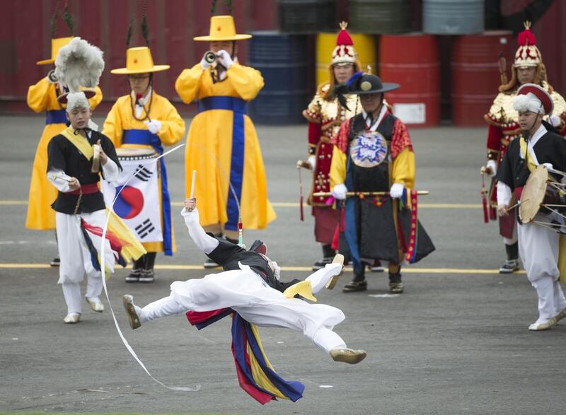 Members of the South Korean traditional military band perform during the Idex opening ceremony. Donald Weber / Crown Prince Court - Abu Dhabi