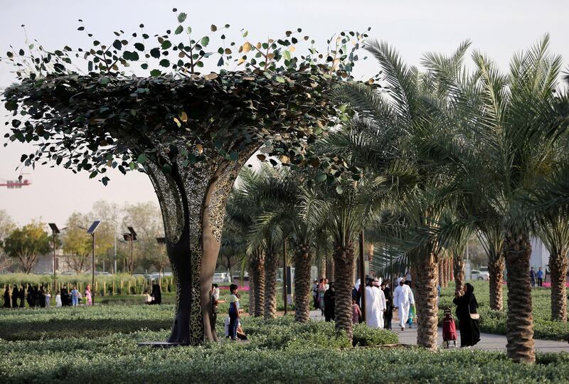 Solar panel trees are seen on the pathway at Dubai's Quranic Park in Dubai, UAE April 6, 2019. Picture taken April 6, 2019. REUTERS/Satish Kumar