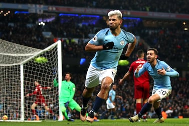MANCHESTER, ENGLAND - JANUARY 03:  Sergio Aguero of Manchester City celebrates after scoring his team's first goal during the Premier League match between Manchester City and Liverpool FC at the Etihad Stadium on January 3, 2019 in Manchester, United Kingdom.  (Photo by Clive Brunskill/Getty Images)