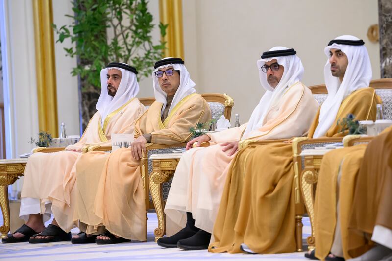 Sheikh Mansour bin Zayed, Deputy Prime Minister and Minister of the Presidential Court, Lt General Sheikh Saif bin Zayed Al Nahyan, Deputy Prime Minister and Minister of Interior, Sheikh Hamdan bin Mohamed bin Zayed and Sheikh Hamed bin Zayed, Managing Director of Abu Dhabi Investment Authority and Abu Dhabi Executive Council member at Qasr Al Watan