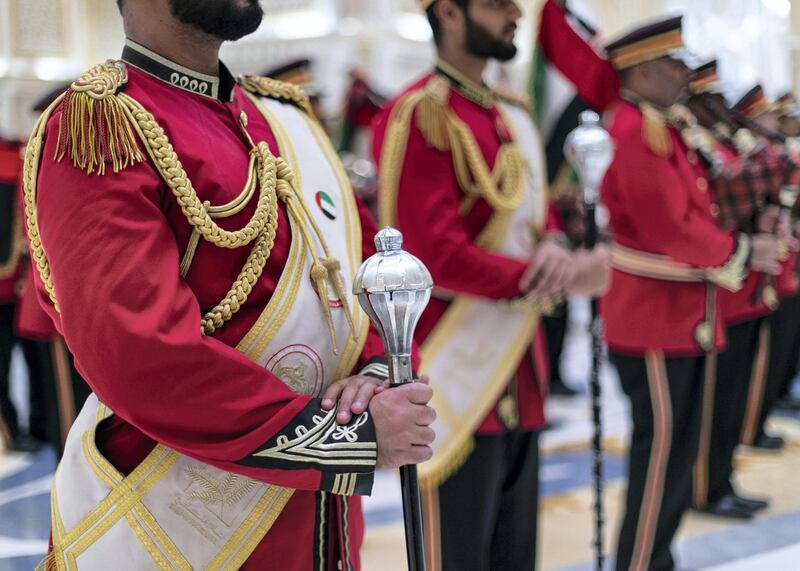 ABU DHABI, UNITED ARAB EMIRATES. 2 DECEMBER 2019. 
Abu Dhabi’s Police Band performs on UAE’s National Day celebrations at Qasr Al Watan.
(Photo: Reem Mohammed/The National)

Reporter:
Section: