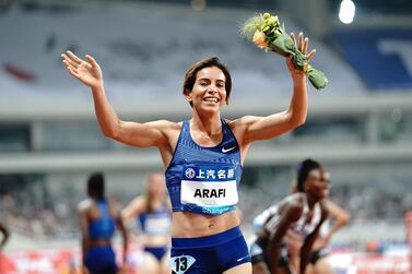 SHANGHAI, CHINA - MAY 18: Rababe Arafi of Morocco celebrates after winning the Women 1500m Final of the 2019 IAAF Diamond League at Shanghai Stadium on May 18, 2019 in Shanghai, China. (Photo by Lintao Zhang/Getty Images)