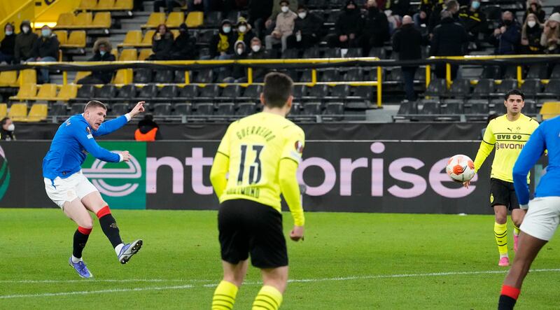 Rangers' John Lundstram scores in Dortmund. AP