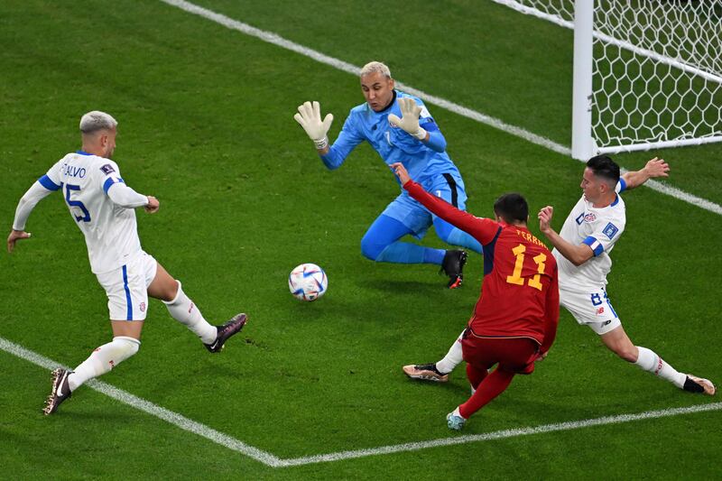 Spain's Ferran Torres scores his team's fourth goal. AFP