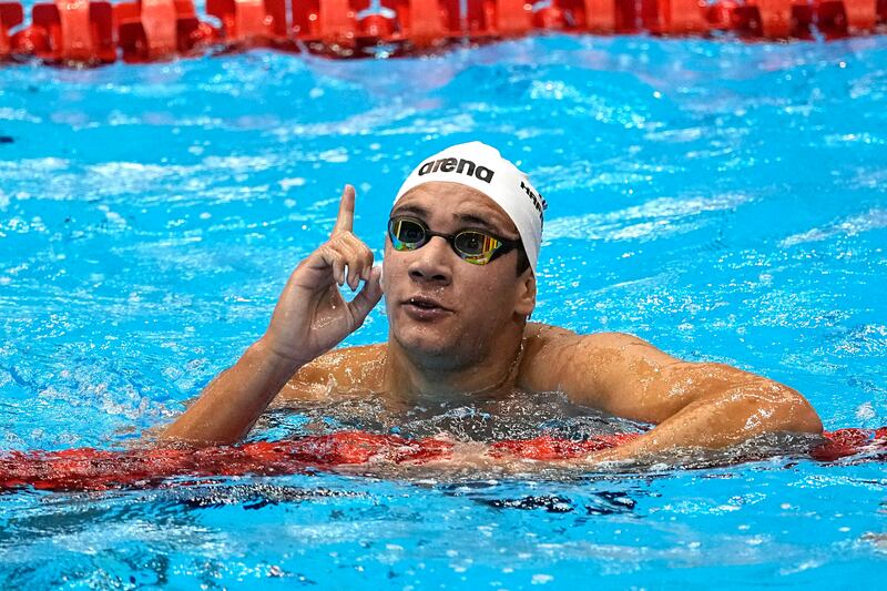 Ahmed Hafnaoui of Tunisia celebrates after winning the men's 1500m freestyle final at the World Swimming Championships in Fukuoka, Japan, on Sunday, July 30, 2023. AP
