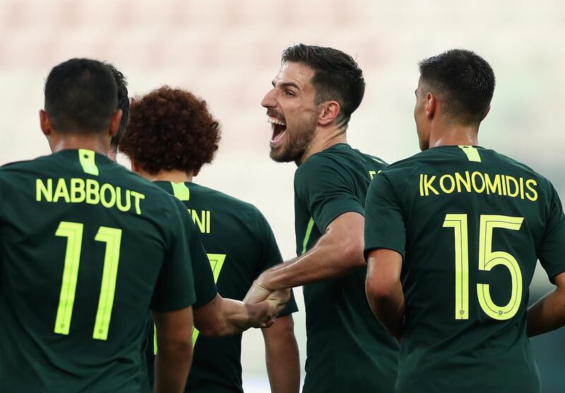 Milos Degenek (C) of Australia celebrates with teammates after scoring the fourth goal during the international friendly match against Oman at Maktoum Bin Rashid Al Maktoum Stadium in Dubai on Sunday. Australia won the match 5-0 as part of their 2019 Asian Cup preparations. The tournament is being held in the UAE from January 5-February 1. Getty Images