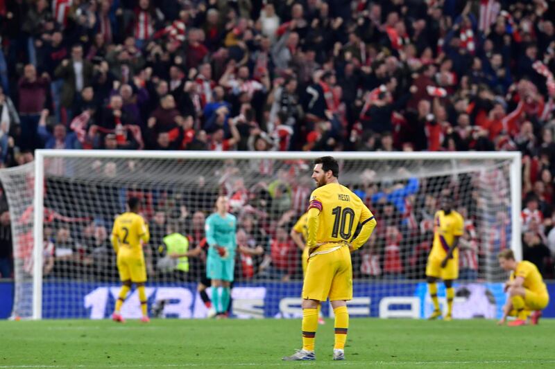 Barcelona players at the end of their 1-0 Copa del Rey quarter final defeat against Athletic Bilbao. AP