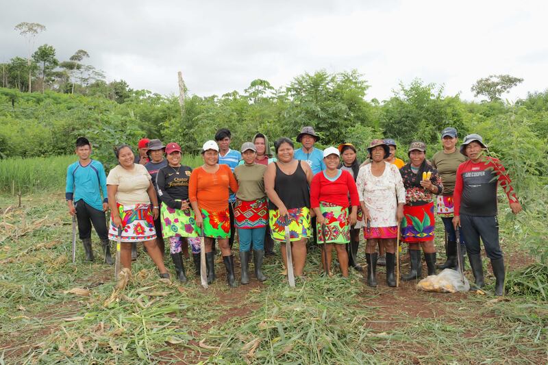 Sara Omi with her communit,y the indigenous Embera People who live in Panama. Photo: Coordination of Territorial Women Leaders of the Mesoamerican Alliance of Peoples and Forests (CMLT -AMPB), Panama 
