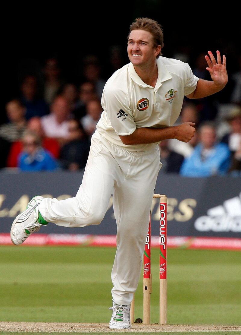 Australia's Nathan Hauritz bowls on the third day of the second cricket test match between England and Australia at Lord's cricket ground in London, Saturday, July 18, 2009. (AP Photo/Kirsty Wigglesworth)