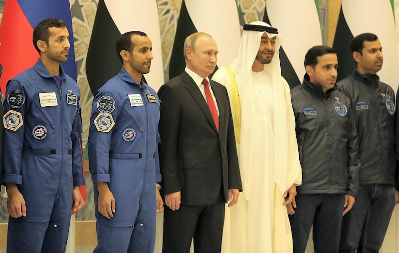 ABU DHABI , UNITED ARAB EMIRATES , October 15  – 2019 :- Vladimir Putin, President of Russia and Sheikh Mohammed bin Zayed Al Nahyan , Crown Prince of Abu Dhabi meeting with UAE Astronauts Hazza Al Mansouri and Sultan Al Neyadi during his visit at the Presidential Palace in Abu Dhabi.  ( Pawan Singh / The National )  For News. Story by John