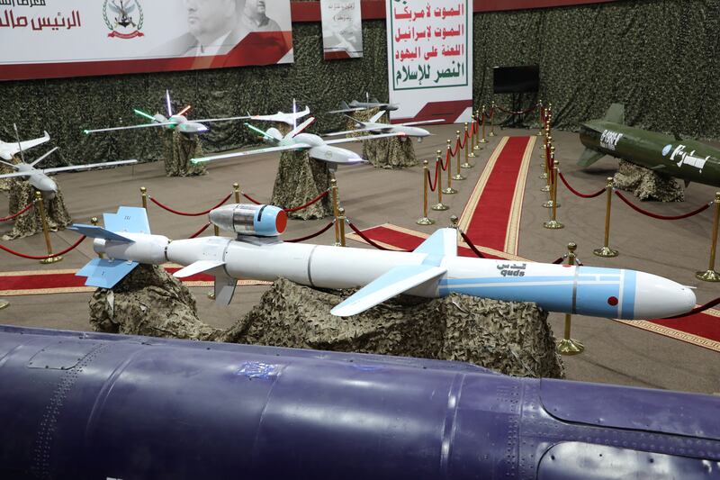 Missiles and drone aircraft on display at an exhibition at an unidentified location in Yemen in this undated photo released by the Houthi Media Office in 2019. Reuters