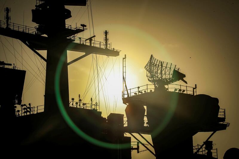 The sun sets behind the US Navy aircraft carrier USS Abraham Lincoln, in Arabian Sea. Reuters