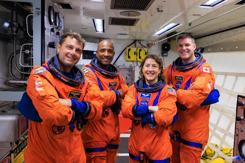 The Artemis 2 crew in their Moon spacesuits, from left, Reid Wiseman, Victor Glover, Christina Koch and Canadian astronaut Jeremy Hansen. Photo: Nasa