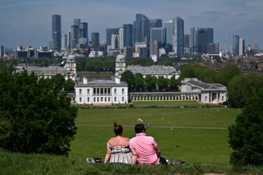 The City of London's skyline viewed from Greenwich Park in south east London. Prime Central London property prices rose 0.3 per cent in the first quarter of 2021 - their first increase for five years, according to Knight Frank. AFP 