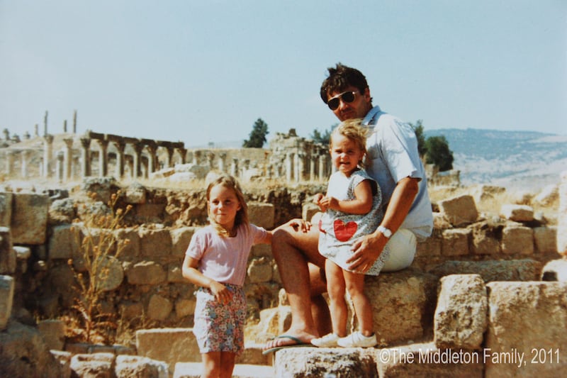 A young Kate Middleton with sister Pippa and father Michael in Jerash, Jordan, where the family lived for two and a half years. Getty Images