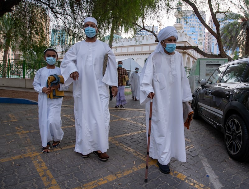 Worshippers after Eid Al Adha morning prayers at the mosque on Electra Street in Abu Dhabi.