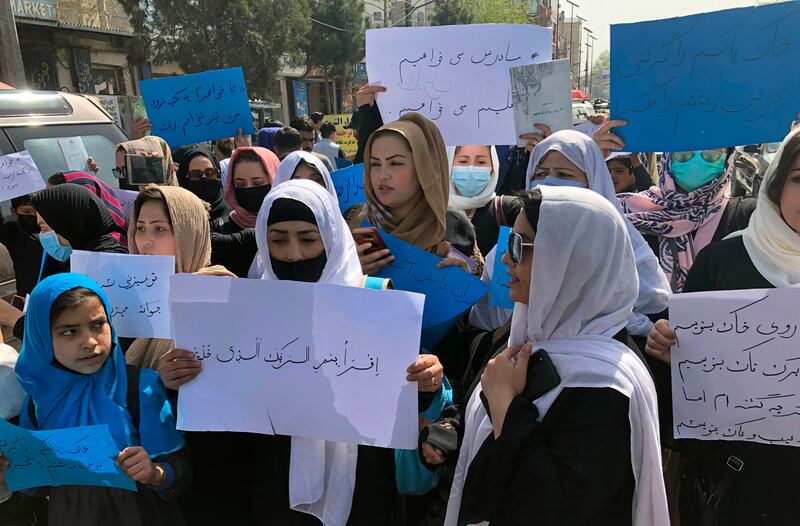 Afghan women protest in Kabul. The lives of Afghan women and girls are being destroyed by the Taliban’s crackdown on their human rights, Amnesty has said. AP